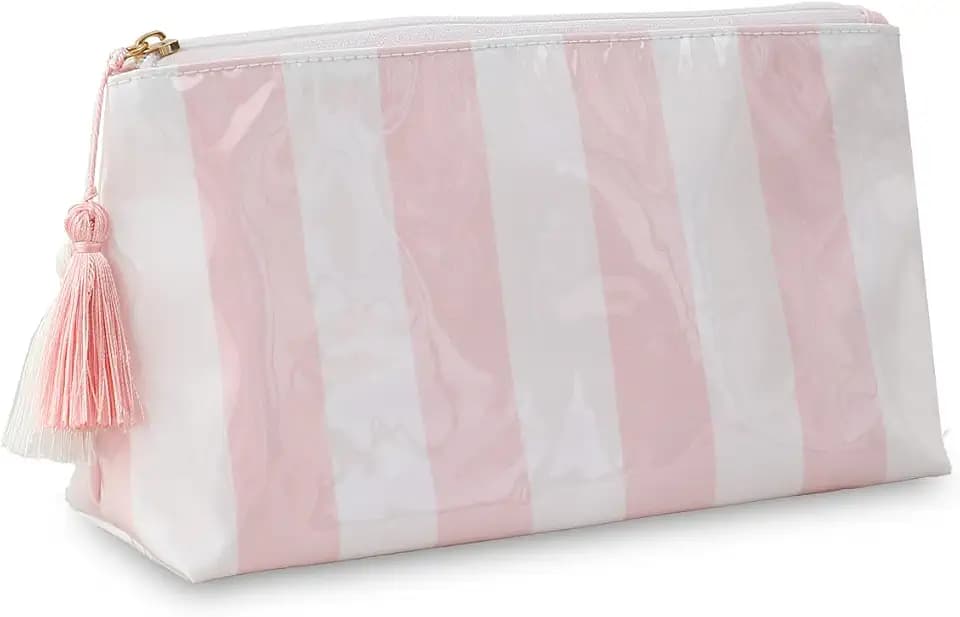 DYSHAYEN Striped Makeup Bag, White-Pink