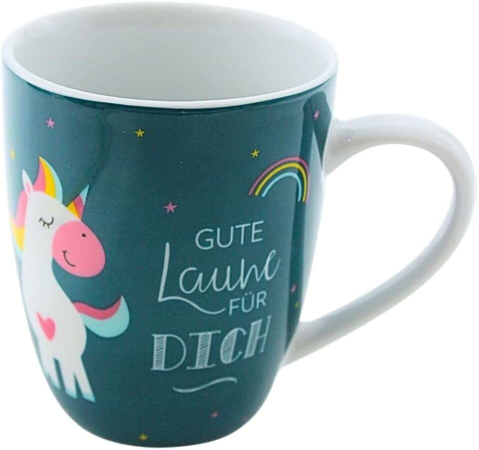 Kaffeebecher/Tasse aus Porzellan, Motiv: Einhorn, Gute Laune für dich Größe H/Ø: 10 x 8 cm, Fassungsvermögen 250 ml, Spülmaschinengeeignet.
