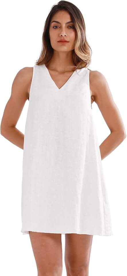 Amazhiyu Damen 100% Leinen Kleider V-Ausschnitt Ärmellos Kleid Casual Sommer