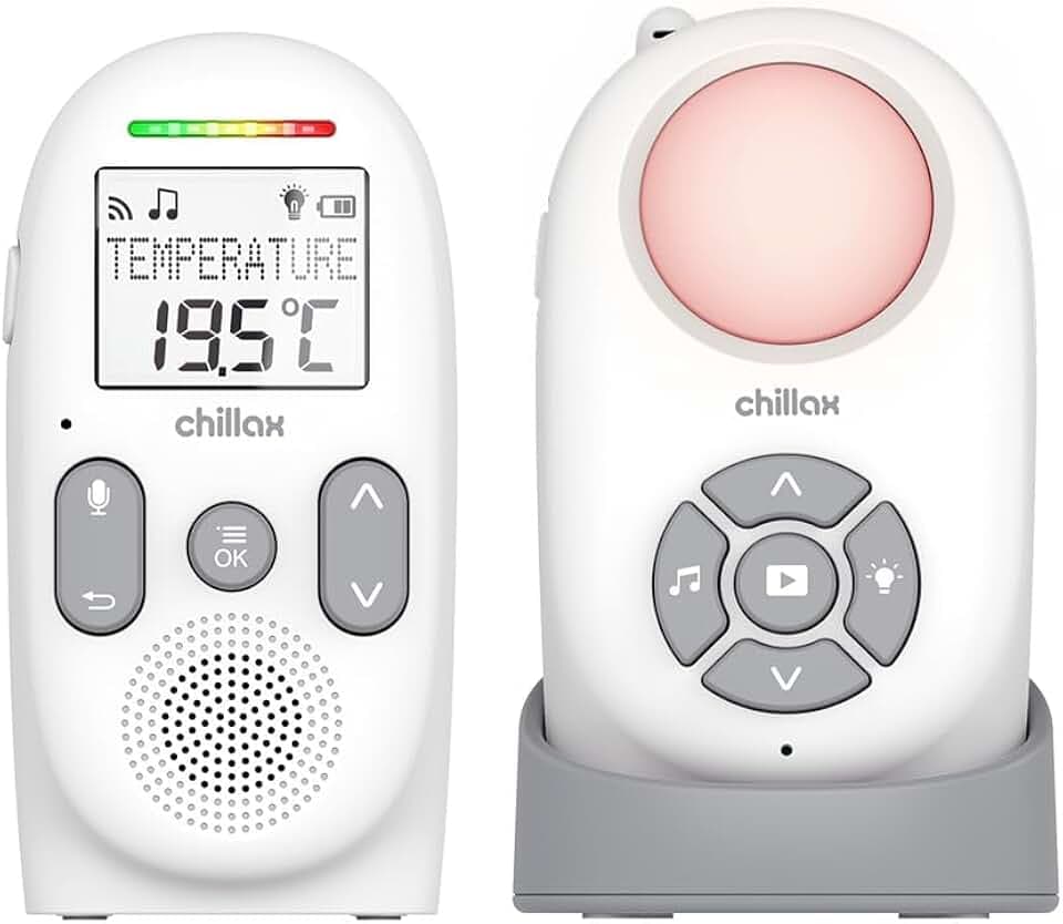CHILLAX - Audio-Babyphone CB360 Portable - DECT - 2 schnurlose Einheiten - VOX & Eco Modus - Temperatursensor - Gegensprechfunktion - 340 m Reichweite - Nachtlicht & 5 Wiegenlieder - 13 h Akkulaufzeit