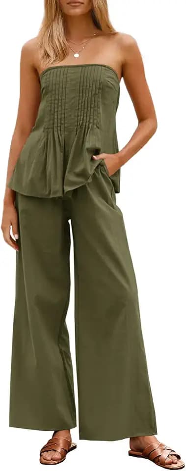 Tankaneo Womens 2 Piece Outfits Summer Strapless Tube Tops Wide Leg Pants Vacation Pleated Matching Lounge Set