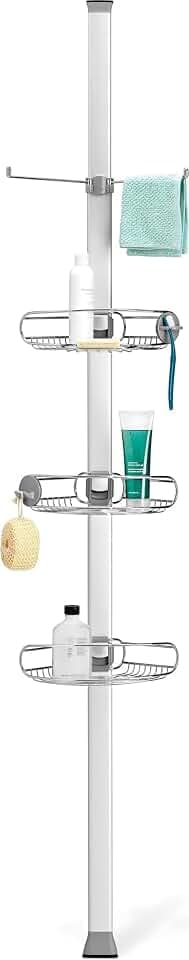 simplehuman BT1062 Großer Spann-Duschcaddy, gebürsteter Stahl, auf 1,8 m -2,7 m ausziehbar, 5 Jahre Garantie, Edelstahl + Eloxiertes Aluminium