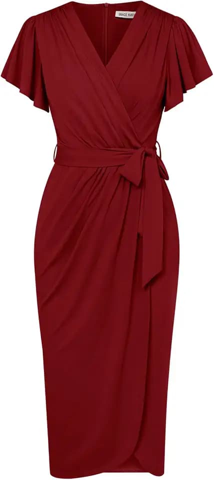 GRACE KARIN Damenkleider Rüschen Kurzarm Rüschen Wickelkleid Sommerkleid Bodycon Maxi Business Kleid für Cocktail Hochzeit