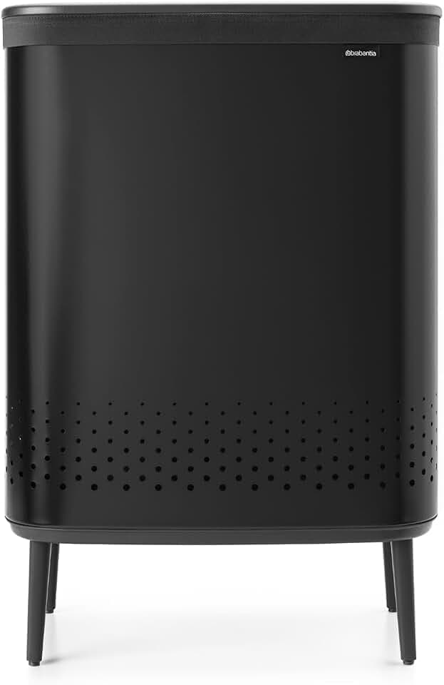 Brabantia Bo Laundry Hamper Hi (Matt Black) 2 Compartment Removable Laundry Bag 2 x 12 Gal, Ventilated Stylish Dirty Clothes Holder, Flat Back, Off-the Ground, Anti-Rust Materials for Bathroom Use