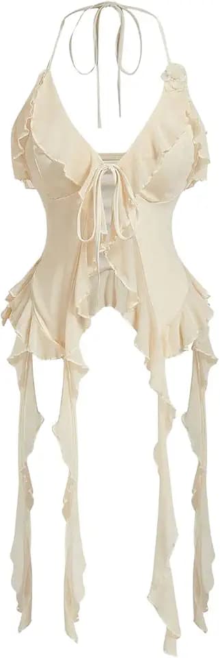 MakeMeChic Women's Flowy Halter Top Tie Front Backless Ruffle Trim Camisole
