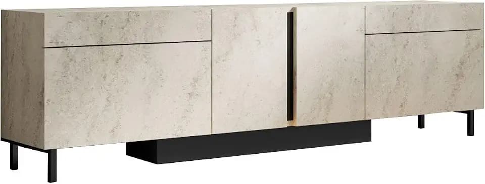 Hanah Home Modern TV Stand with LED Lighting, Travertine Color, 180 cm | 100% Melamine Coated, Metal Legs, RGB Remote | Stylish & Functional Design