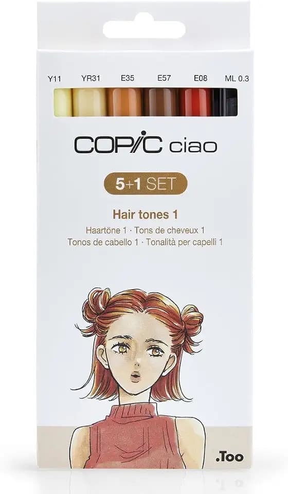 COPIC Ciao 5+1 Set "Hair Tones 1", 5 Twin Marker mit einer mittelbreiten und einer Brush-Spitze, inkl. Multiliner Black 0,3 mm