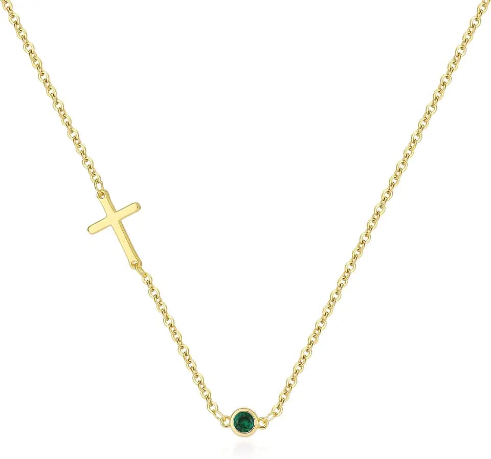 MIDEEO Cross Necklace for Women, Dainty 14k Gold Plated Cross Pendant Necklace Gold Cross Birthstone Necklace Tiny Sideway Cross Choker Necklace Trendy Christmas Gift for Women