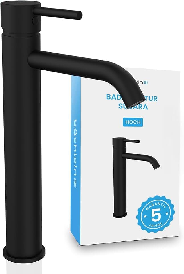 Bächlein Badarmatur Susara hoch mit gebogenem Auslauf, Extra hoher Design Einhebelmischer für Aufsatzwaschbecken mit langlebiger Keramikkartusche und Montage-Set, Bad Wasserhahn Matt Schwarz