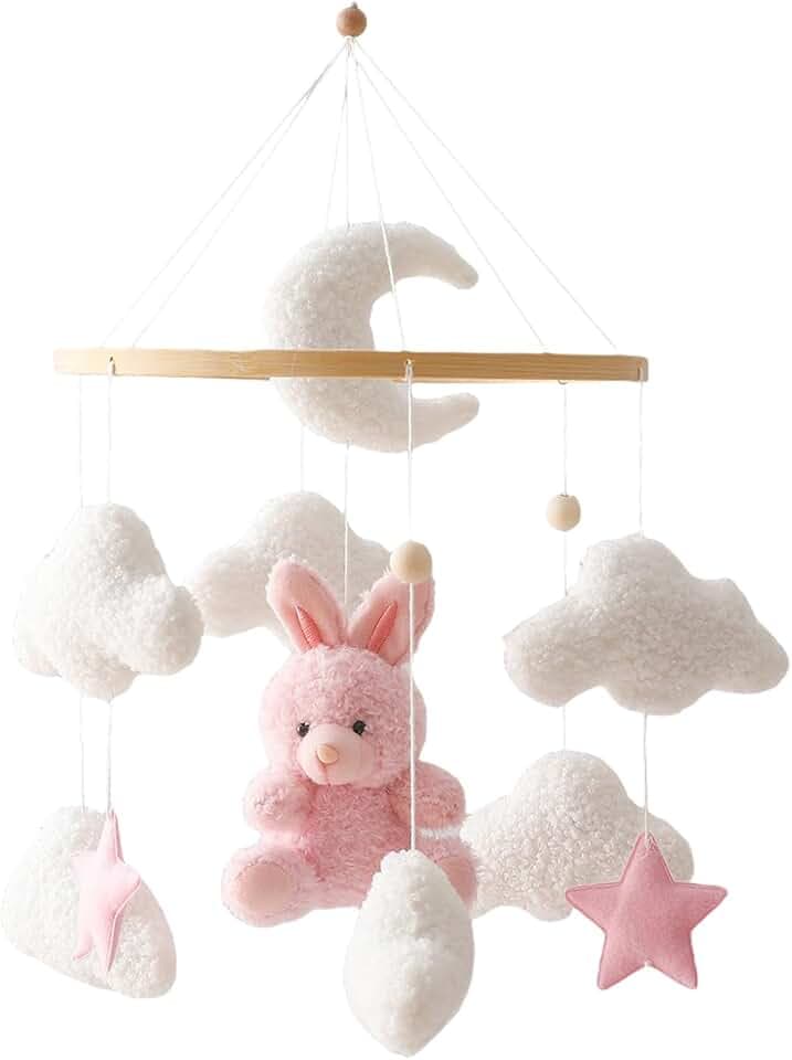 Mobile Baby Windspiele, Babybett Mobile 3D Bär Hase Kaninchen Wolken, Kinderzimmer Hängende Bettglocke, Neugeborenen Geschenk für Baby Jungen und Mädchen (Rosa Hase)