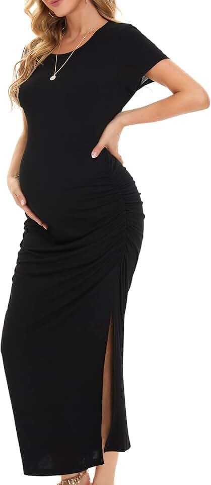 Smallshow Damen Lang Split Umstandskleid Sommer Kurzarm Umstandsmode Black S