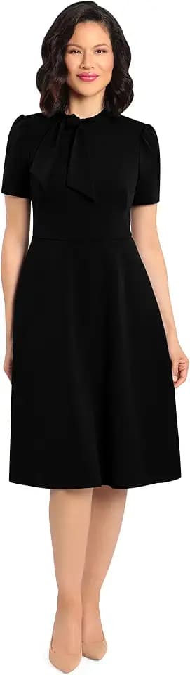 Maggy London Women's Crepe Fabric Flight Attendant Bow Neck Tie Short Sleeve A-line