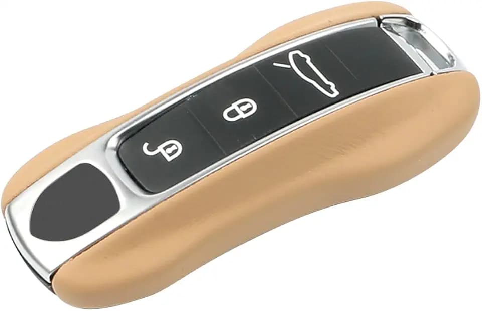 Leather Key Fob Cover Keychain for Porsche Macan Cayenne (Luxor Beige)
