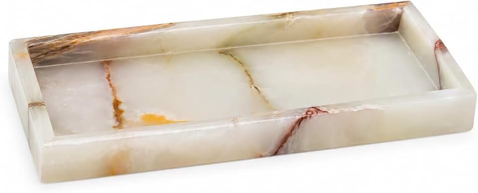 Bey-Berk International Green Onyx Marble Bath Tray, White & Tan