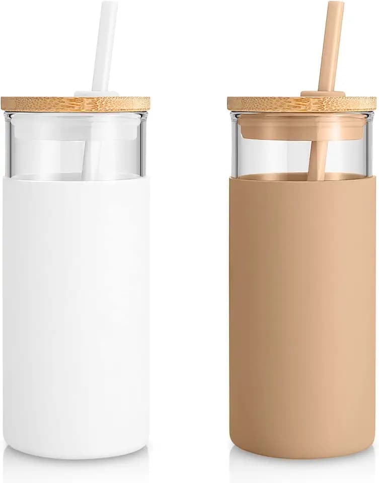 Tronco 20 oz Glass Tumbler with Lids and Straws, Reusable Iced Coffee Cups