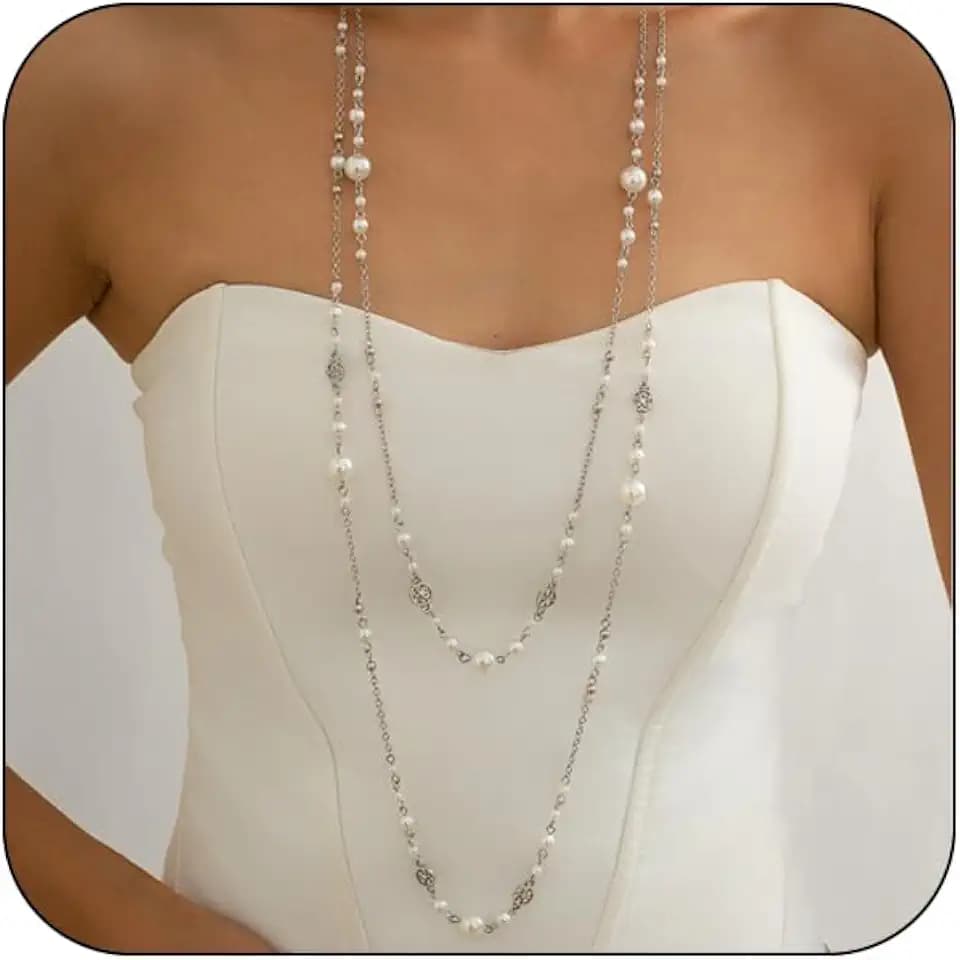 Long Necklaces for Women Pearl Necklaces for Women Long Chain Necklace Dainty Layered Pearl Necklace Statement Sweater Strand Chain Jewelry