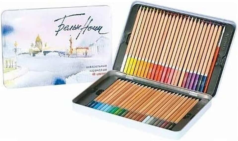 White Nights russische Aquarellstifte 48er Set im Metalletui, holzgefasste Stifte mit hoher Farbbrillanz, weicher Farbabstrich, wasservermalbar
