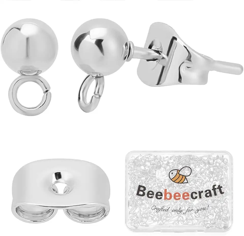 Beebeecraft 1 Box 100Pcs Ball Studs for Jewelry Making 925 Sterling Silver Plated 304 Stainless Steel Post with Loop Dangle Earring Findings Ear Backs DIY Supplies