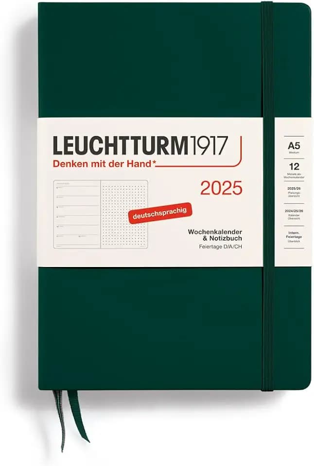 LEUCHTTURM1917 370539 Wochenkalender & Notizbuch Dotted Medium (A5) 2025, Forest Green, Deutsch