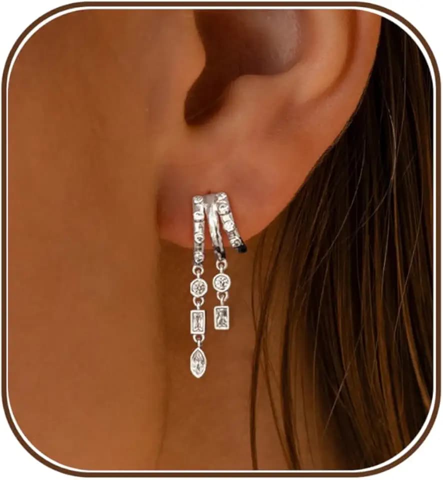 Silver Earrings for Women,Dainty Silver Huggie Hoop Earrings Long Dangle Drop Earrings Hypoallergenic Statement Hoop Earrings for Women Trendy Silver Jewelry Women's Accessories