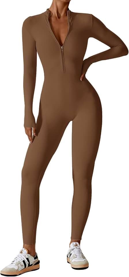 Ecupper Damen Jumpsuits Yoga Bodycon Einteiler Zip Up