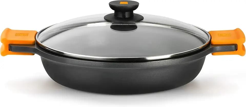 BRA Efficient | Niedriger Kochtopf mit Glasdeckel und Silikongriffen 28 cm