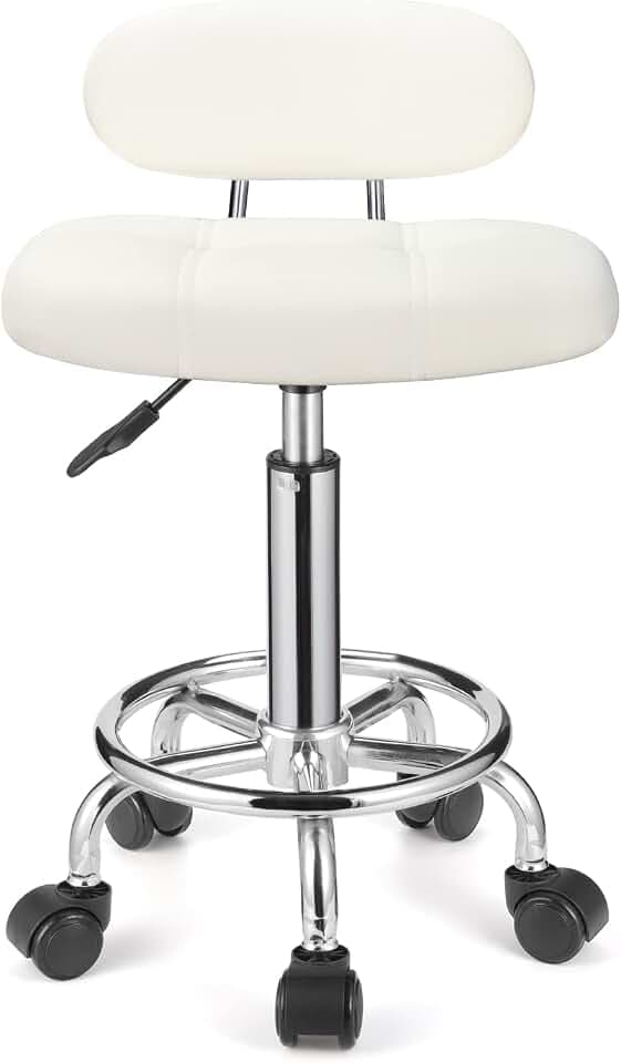 Eckiger Rollhocker mit Lehne, höhenverstellbar, Drehhocker mit Rollen,WEIß