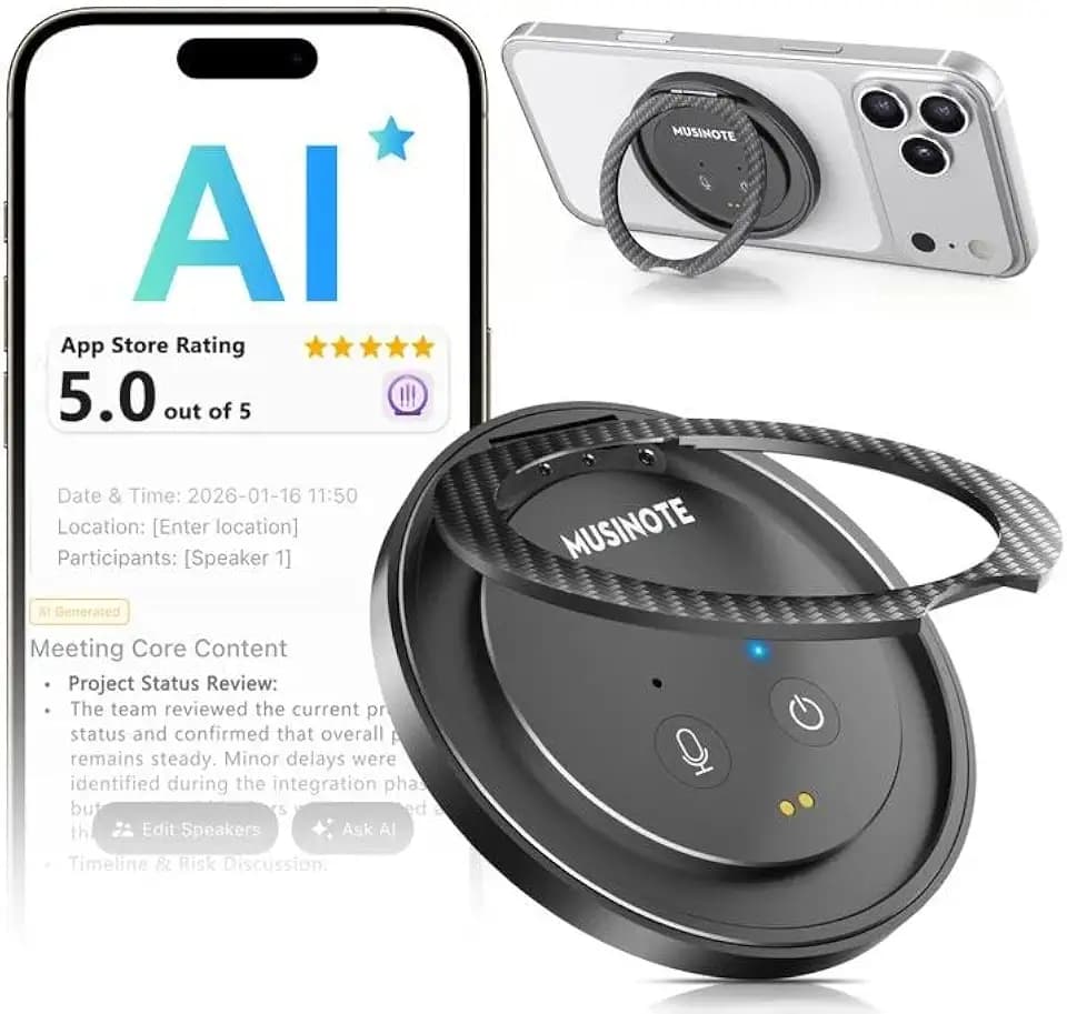 AI Voice Recorder Designed as Magnetic Phone Stand, Real-Time Transcription in 100+ Languages, App Control Smart Digital Audio Recorder Transcribe & Summarize Note Taker for Business