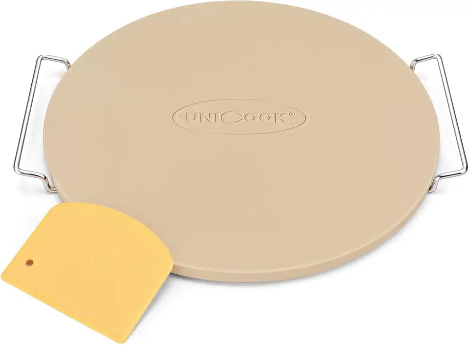 Unicook 15 Inch Round Pizza Stone for Oven and Grill, Comes with Carry Rack