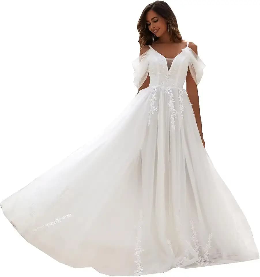 YMFFW Boho Wedding Dresses for Bride 2024 A Line Tulle Lace Wedding Gowns Plus Size Beach Bride Dresses