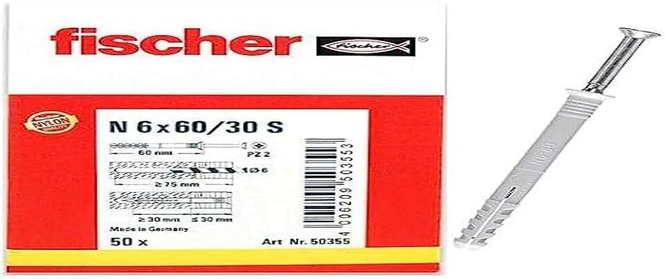 fischer Nageldübel 6 x 60/30 S, hochwertige Nylondübel mit verzinkter Senkkopfschraube (50 Stk.), Dübel für optimalen Halt bei Befestigungen in Beton, Mauerziegel & Naturstein