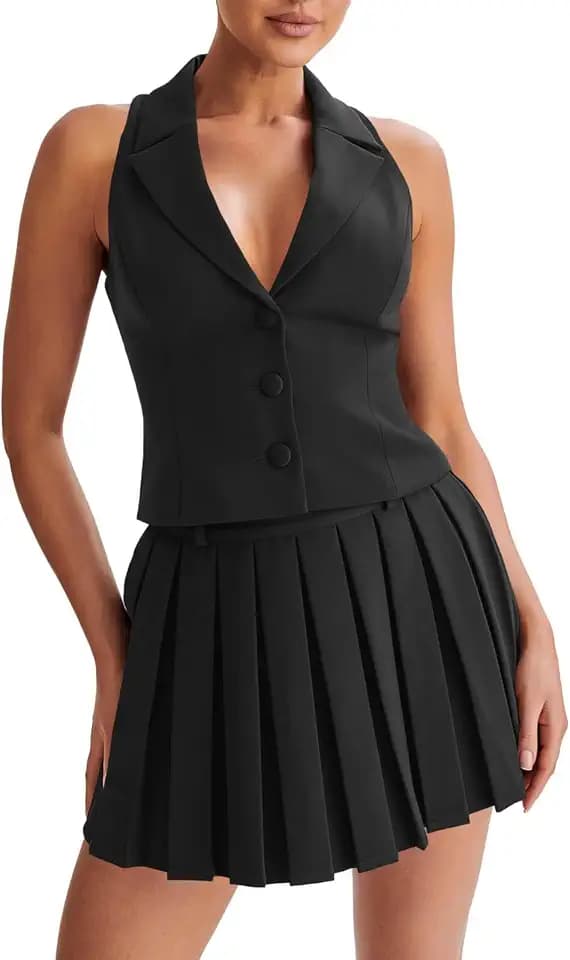 Cicy Bell Womens Summer 2 Piece Outfits V Neck Blazer Vest Pleated Skirts