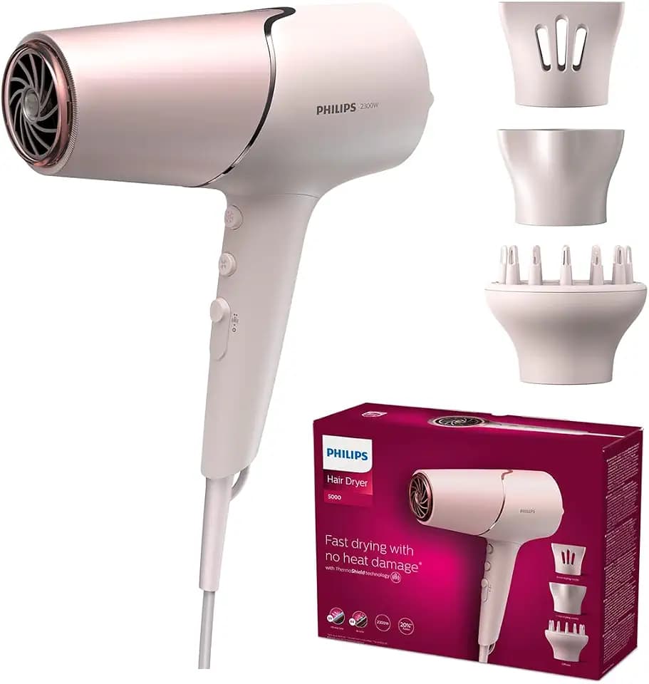 Philips 5000 Series Haartrockner – Haartrockner mit ThermoShield Technologie, Volumendiffusor und 9 mm und 11 mm Düse in Perlmutt (BHD530/20)