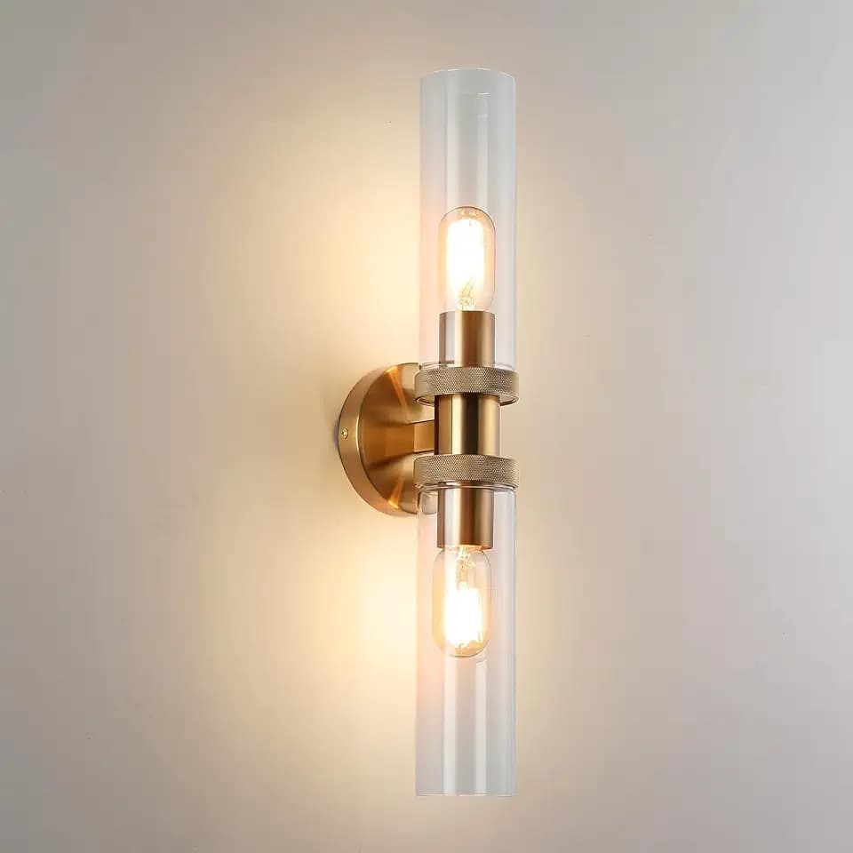 Hardwired Wall Sconces, Brushed Brass Bathroom Sconces with Clear Glass, 22 Inch Wall Light Fixtures for Bathroom Mirror Vanity Living Room Bedroom Hallway Stairway