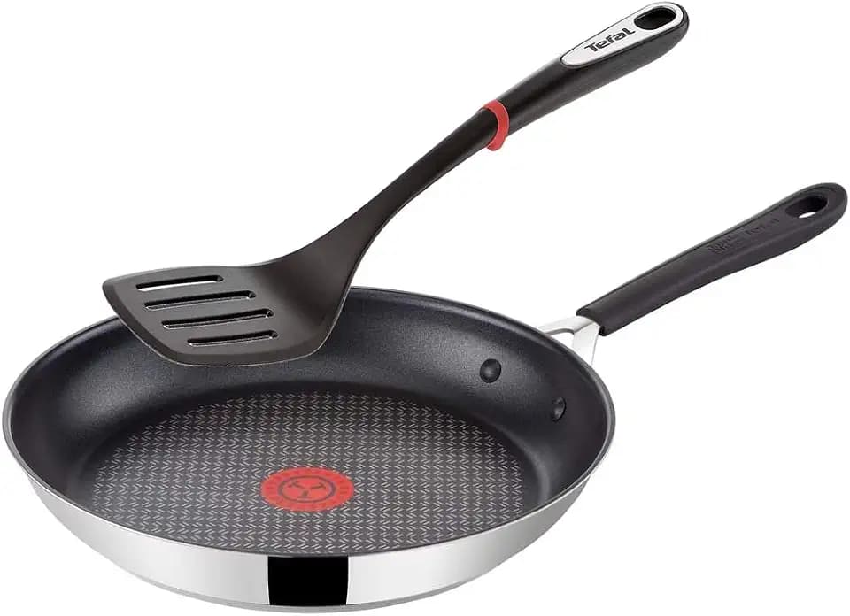 Tefal G43504 Jamie Oliver Induktion Pfanne 24cm + Tefal Pfannenwender, Edelstahl Pfannen mit Antihaftbeschichtung, Induktionsherd geeignet, Antihaft Bratpfanne, Genieteter ergonomischer Edelstahlgriff