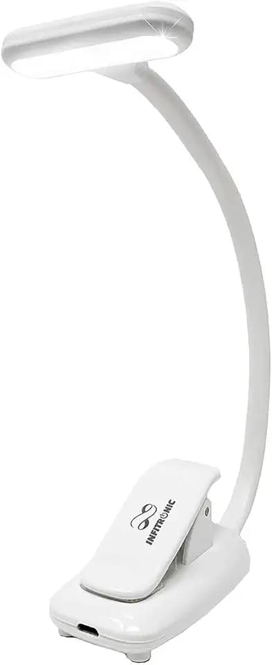Infitronic IN9LEDNLPRO1W LED-Akku-Klemmlampe (600mAh) – 3 Farbmodi, stufenlos dimmbar, 360° flexibler Hals – Wiederaufladbare Lese-, Nacht- & Bettlampe für Bücher, E-Reader & Schreibtisch