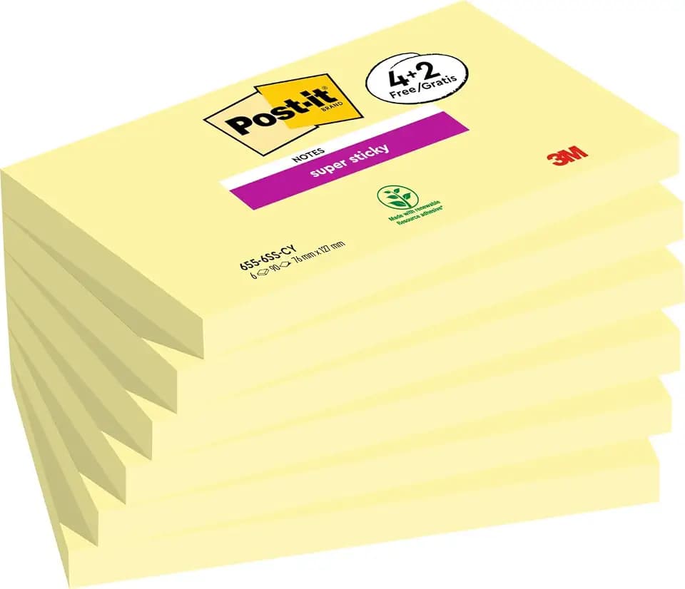 Post-it Super Sticky Notes, 4 + 2 Gratis-Blöcke (540 Blatt), 76 mm x 127 mm