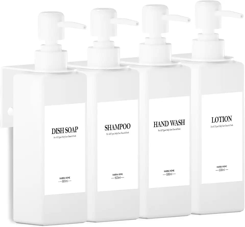 4er Seifenspender Wandbefestigung Set, 500ml Weiß Seifenspender Bad Ohne Bohren Kunststoff Dusche Spender mit Trichter und Wasserdichten Etiketten Shampoo Spender für Küche Bad