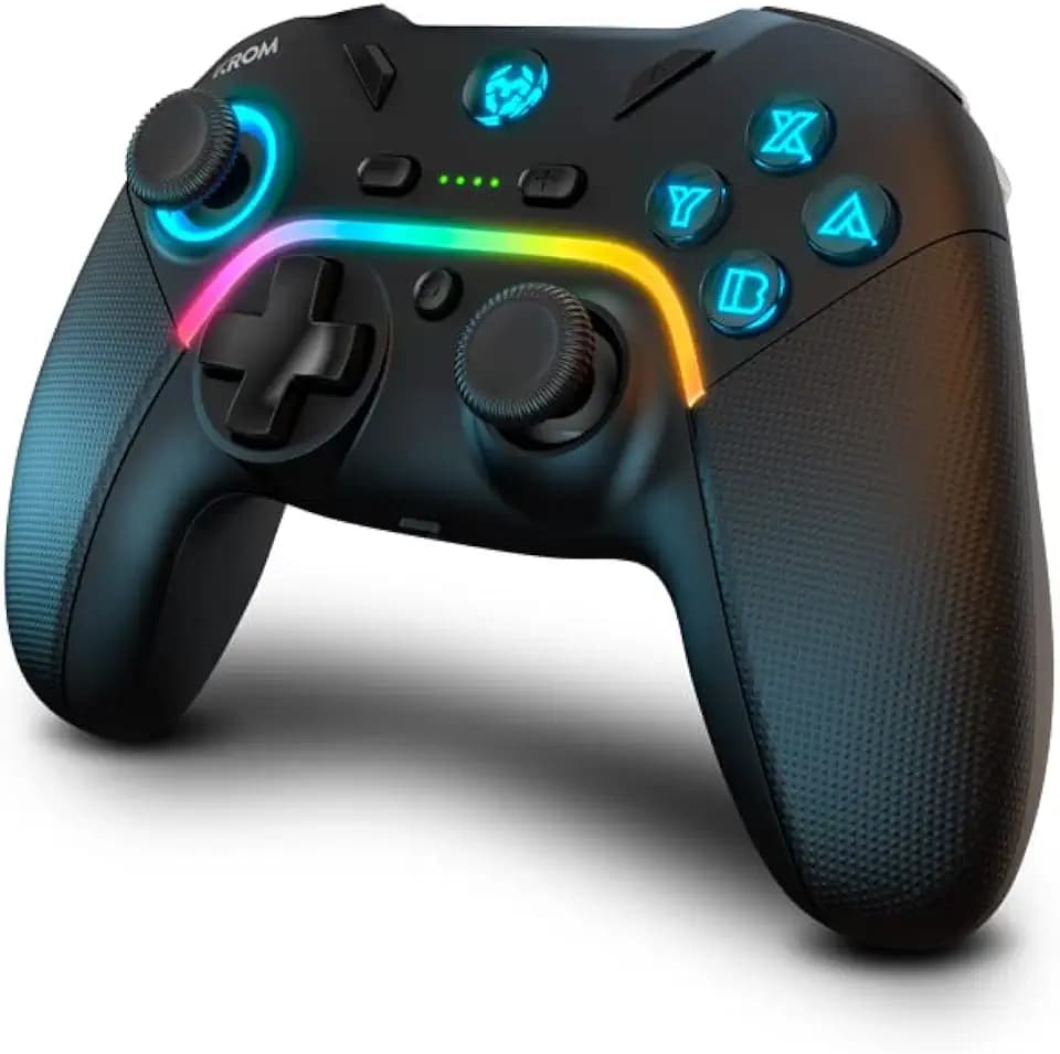 KROM Kayros – Kabelloser RGB-Multiplattform-Controller mit konfigurierbaren Rücktasten, Macro-Funktion, LED-Beleuchtung, Smartphone-Halter, kompatibel mit PC, Nintendo Switch, Android & iOS, Schwarz