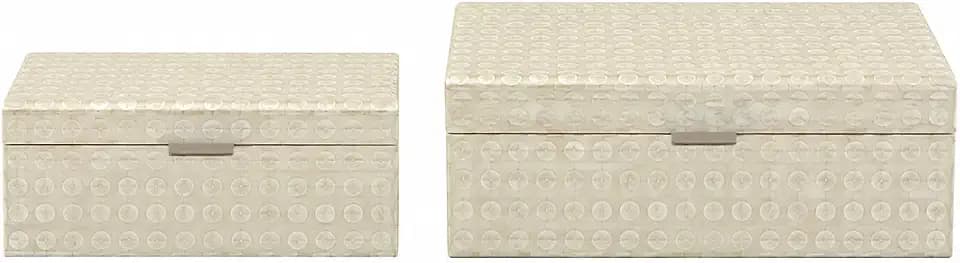 Deco 79 Mother of Pearl Shell Geometric Handmade Decorative Box Mosaic Dot Storage Decorative Keepsake Box with Brown Accents, Set of 2 Storage Box 12", 8"W, Cream
