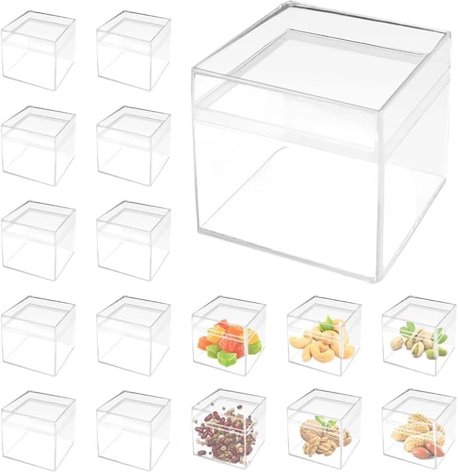 24 StückTransparente Kunststoff Geschenkbox Kleine Quadratische Acryl Würfel Klare Kunststoff Box Quadratische Acrylbox mit Deckel 5cm Aufbewahrungsbox für Schmuck, Süßigkeiten, Figuren