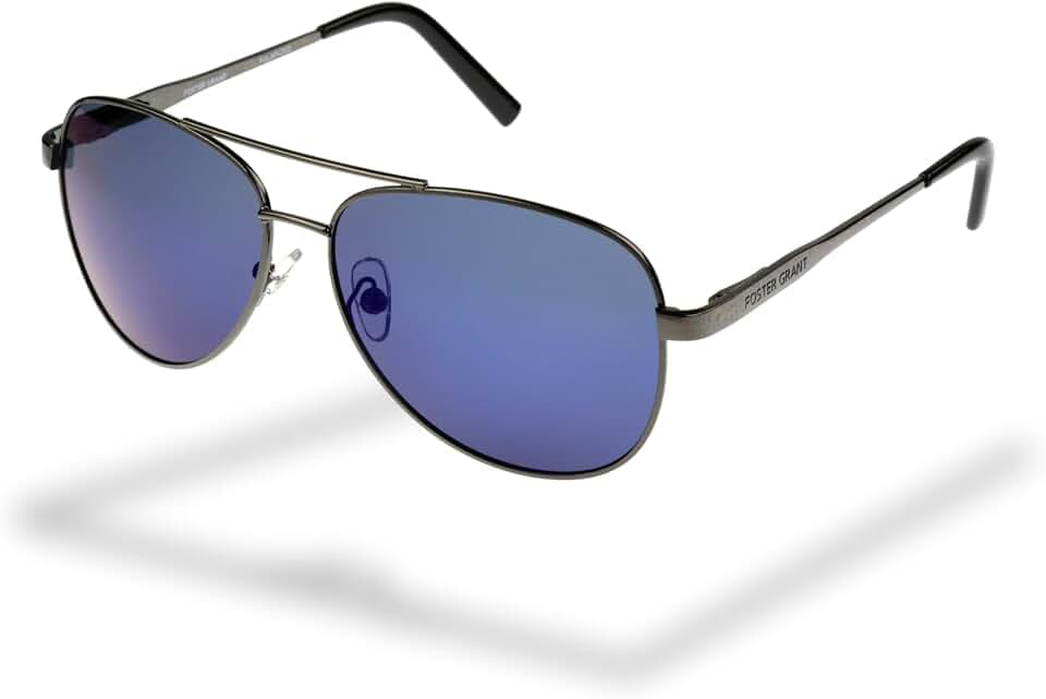Foster Grant Grant Polarisierte Herren-Sonnenbrille – Aviator-Metallfassung in Gunmetal mit blauen Spiegelgläsern, kratz- & stoßfeste Gläser & UV400-Filterung