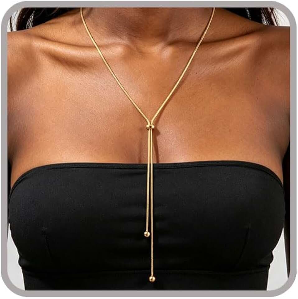 Chunky Long Gold Necklace for Women Trendy Silver Statement Necklace Thick Herringbone Beads Dangle Drop Necklace Adjustable Tie Choker Long Tassel Necklaces Charm Statement Jewelry Accessories for Festival Daily Wear