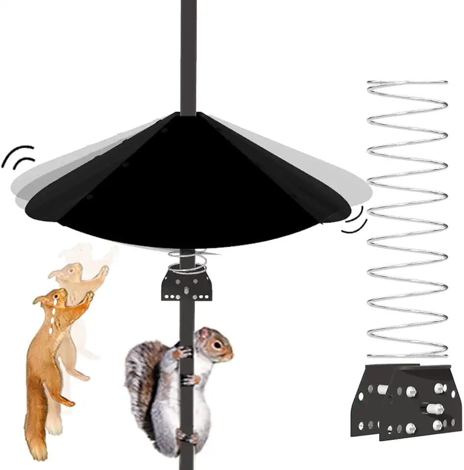20”Metal Squirrel Baffle for Bird Feeder Pole,Squirrel Guards with Stainless Steel Spring for Better Defense, Suitable for 0.4" to 1.55" Pole Or Shepherd Hooks. Matte Black