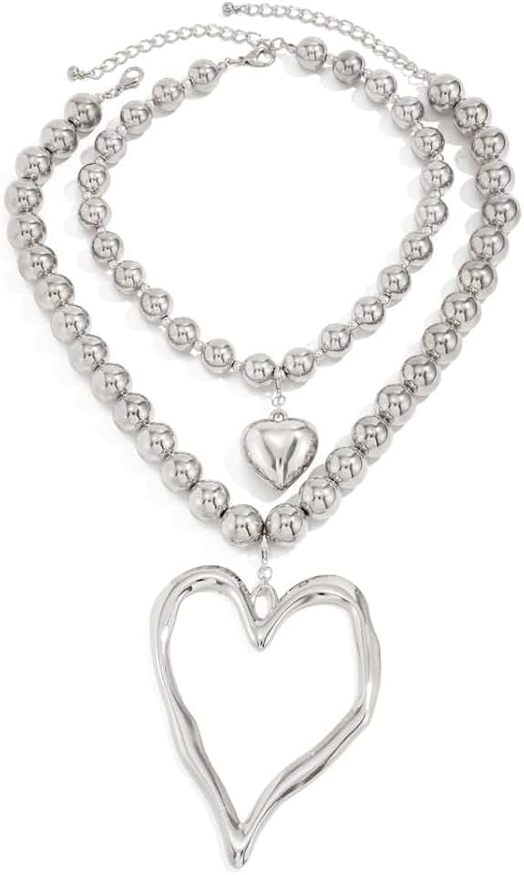 Y2k Large Hollow Heart Necklaces for Women Big Chunky Heart Pendant Necklace Exaggerated Layered Double Hearts Gold/Silver Beaded Choker Necklace Dainty Statement Jewelry Gift
