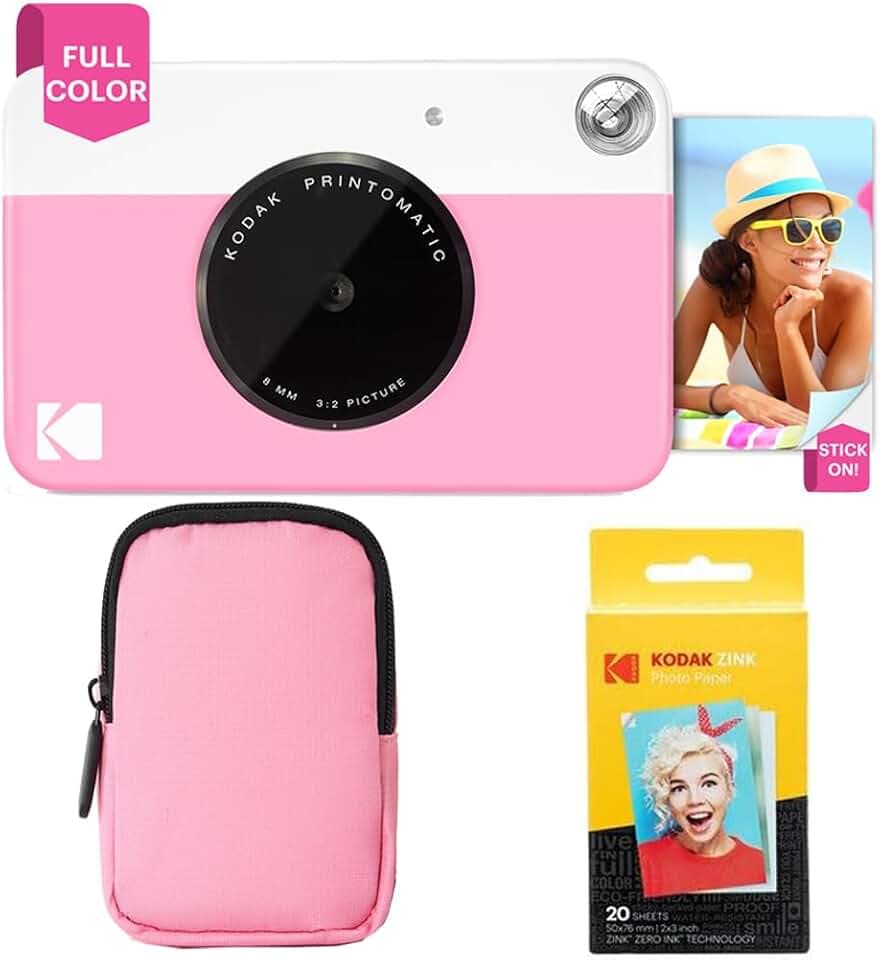 KODAK Printomatic Vollfarb-Sofortdruckkamera-Starterpaket + Softcase + Zink-Fotopapier, 20 Stück – Bunte Fotos auf 2 x 3 Zoll großem Klebepapier – Rosa