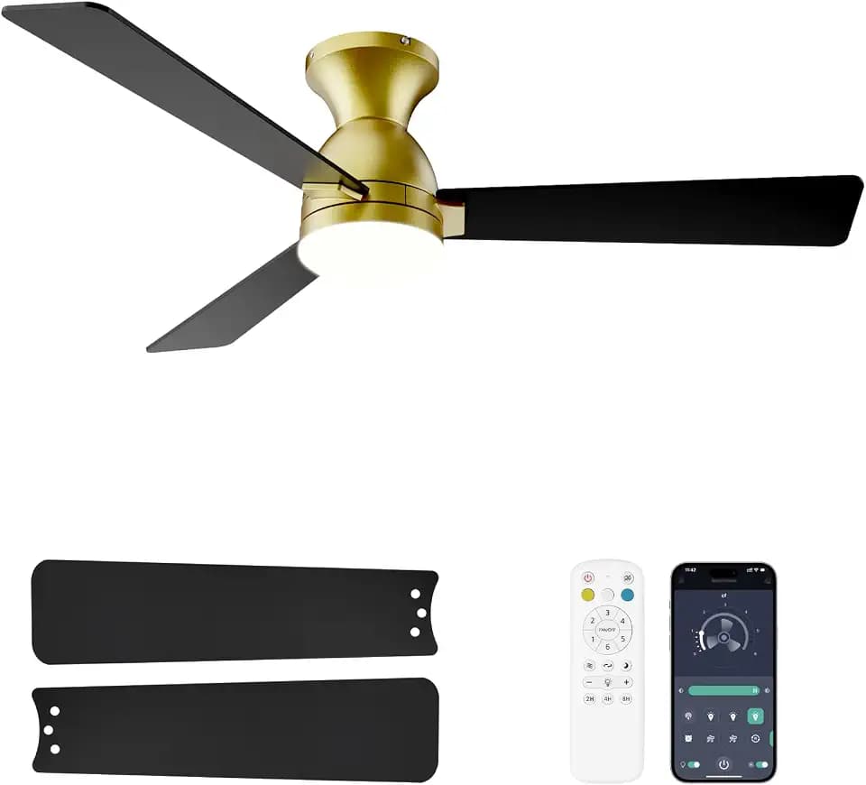 Ceiling Fans with Lights, 48 inch Low Profile Ceiling Fan with Light and Remote Control, Flush Mount, Reversible, 3CCT, Dimmable LED, Noiseless, Gold Ceiling Fan for Bedroom, Dining Room