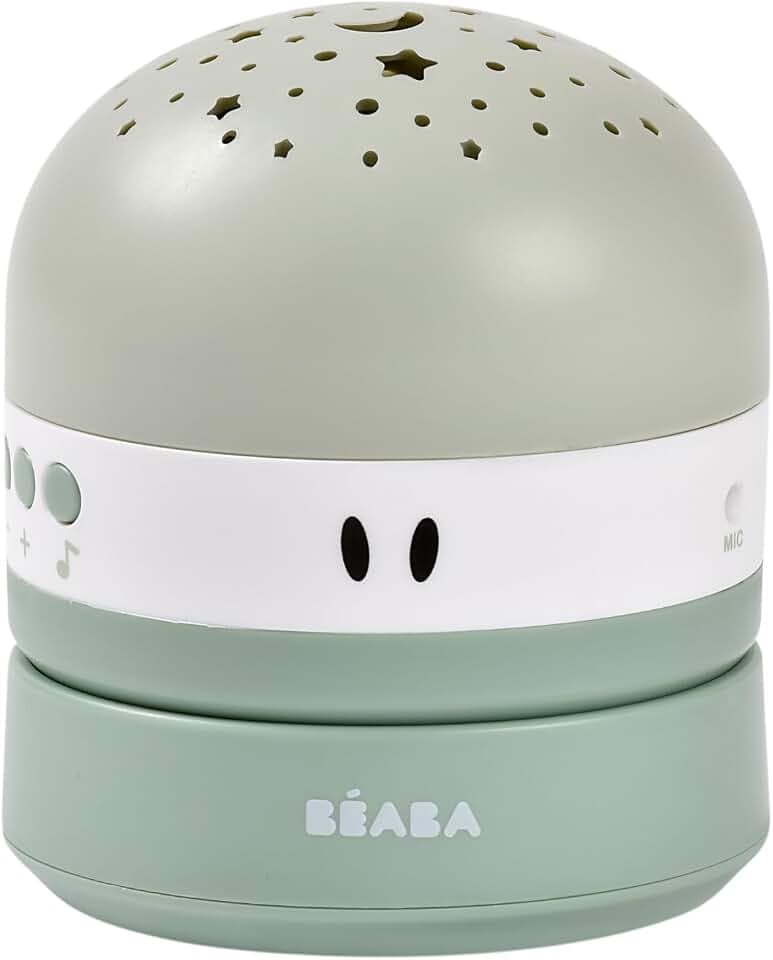 BÉABA, Baby-Nachtlicht mit 3-Farben-Sternenhimmel, 9 entspannende Klänge, Farbsensor, 100 Stunden Leuchtdauer, USB-Aufladung, transportabel, Pixie Projector, Salbeigrün