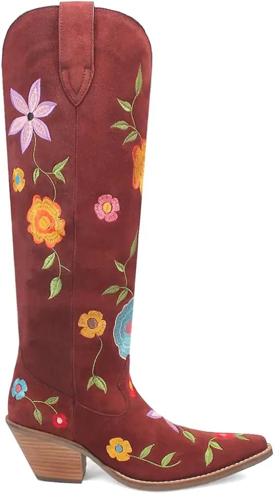 Dingo Womens Flower Power Embroidered Floral Snip Toe Pull On Casual Boots Over the Knee Mid Heel 2-3"