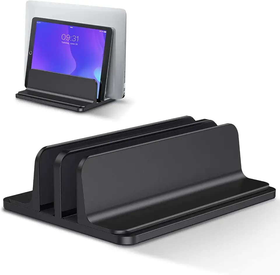 Doppelt Vertikaler Laptop Ständer, Aluminium Verstellbarer Notebook Ständer Platzsparender Halterung für MacBook Pro/Air, iPad, Samsung, Huawei, Surface, Dell, HP, Lenovo und andere (Schwarz)